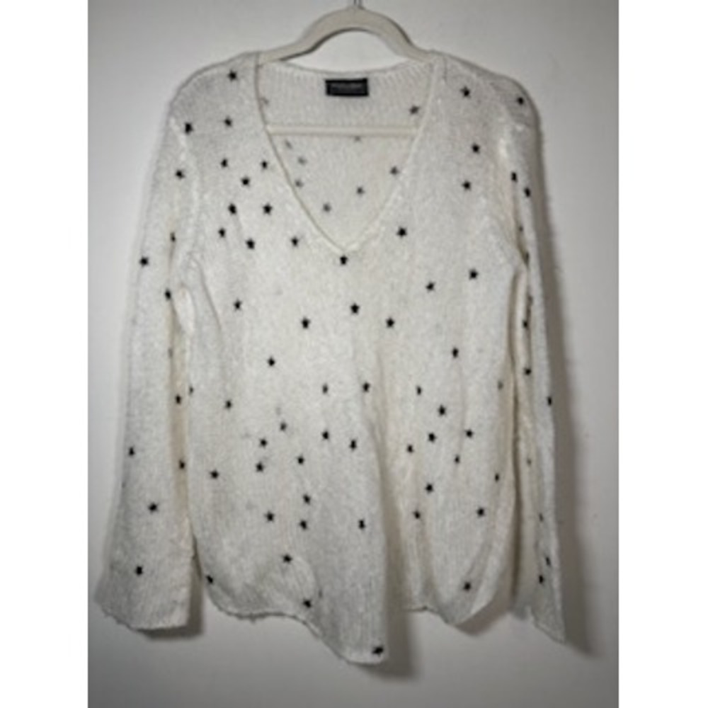 Wooden Ships Sweater White‎ Star Print Mohair Blend V-Neck Boho Celestial S/M